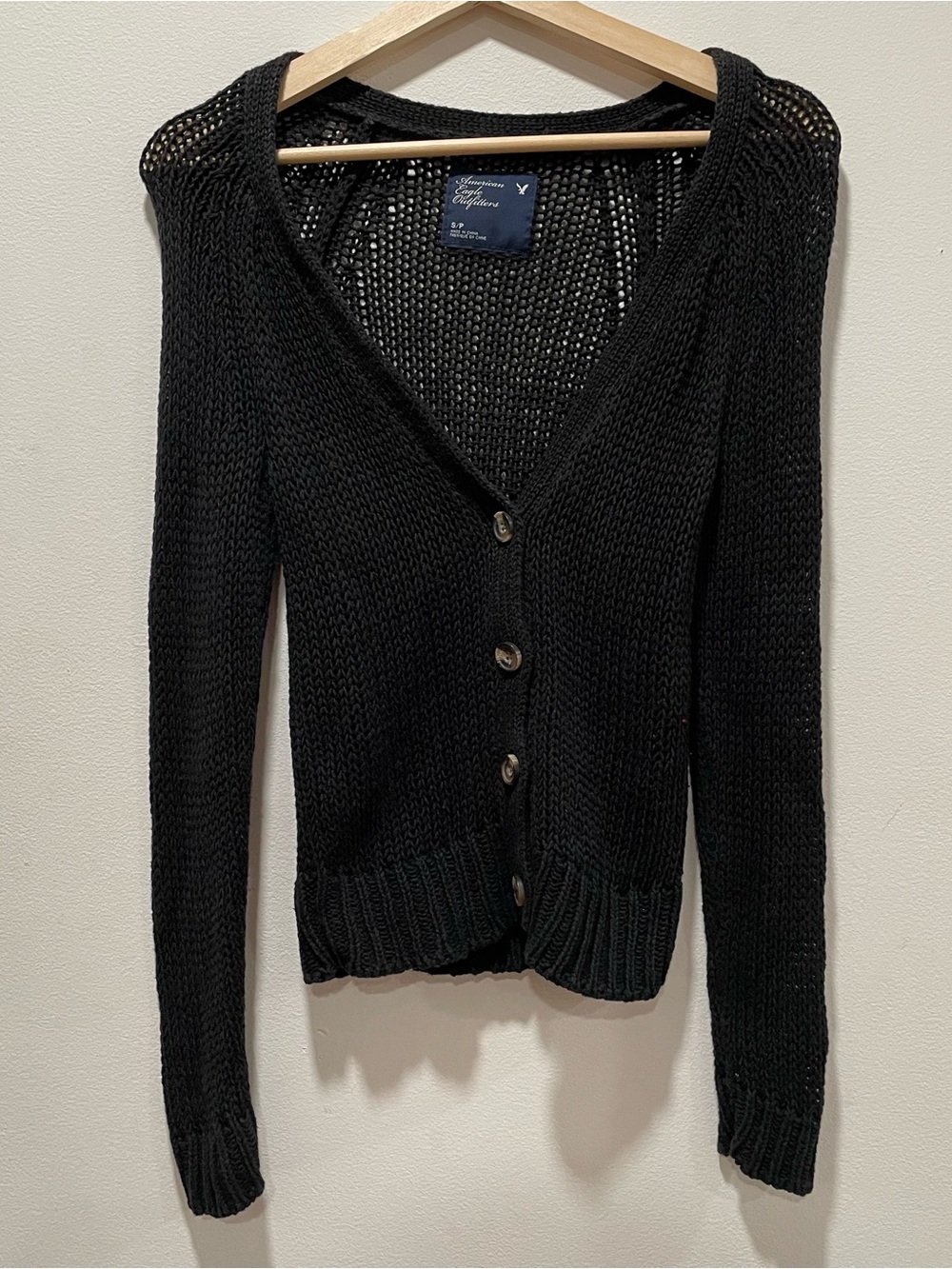 American Eagle Outfitters Black Open-Weave V-Neck Button Cardigan